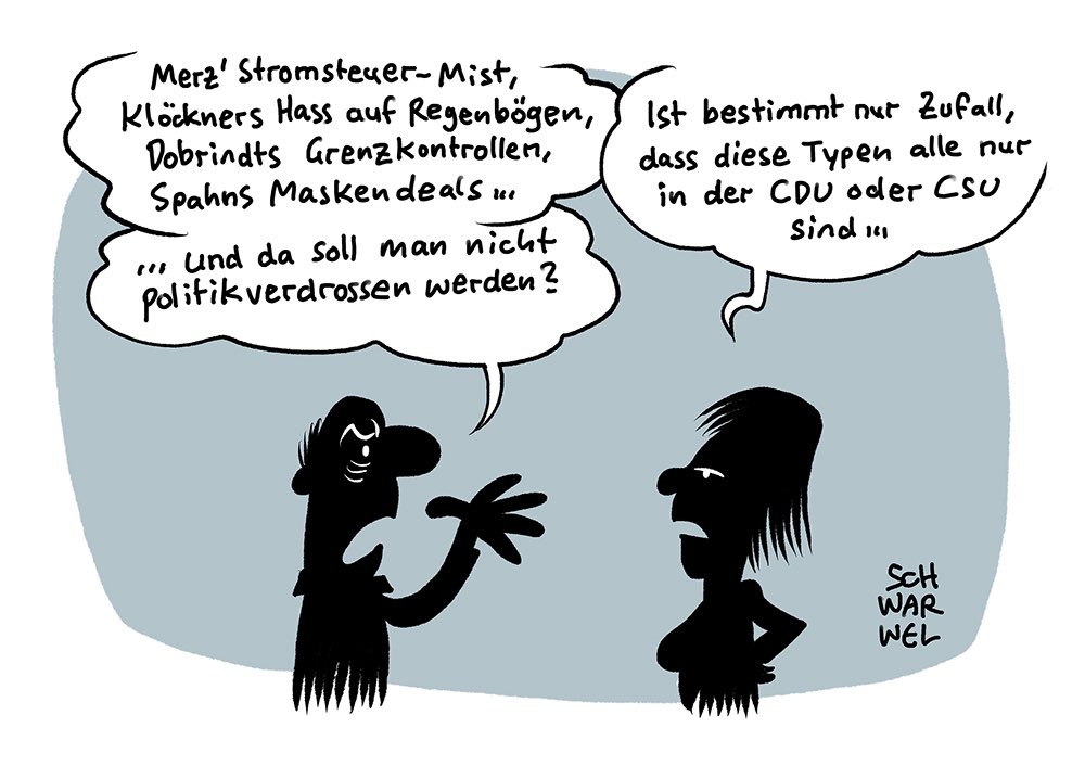 • „Befragung zur Maskenaffäre: Noch lange kein Schlussstrich“
• „Senkung der Stromsteuer: Alle müssen entlastet werden“
#CDU #CSU #union #schwarwel