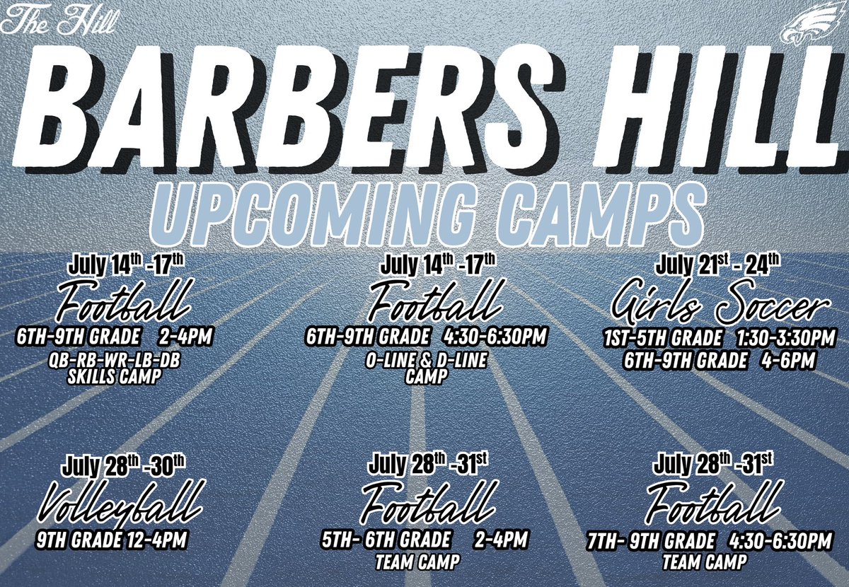 Here are the remaining Barbers Hill sport camps! Get signed up today! #WingsUp🤙 
barbershillisd.store.rankone.com/Camp/List