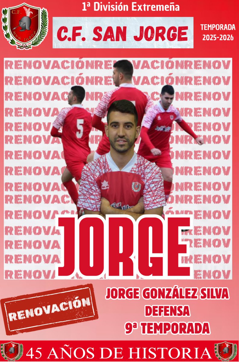 RENOVACIÓN 🔴⚪

Jorge renueva y seguirá aportando seguridad al equipo en esta nueva temporada.

Contundencia, fuerza y buen juego por abajo y por arriba

¡Vamos  <a href="/JorgeGlezSilva/">Jorge González Silva</a> 💪🏼!

Aúpa San Jorge 🔴⚪