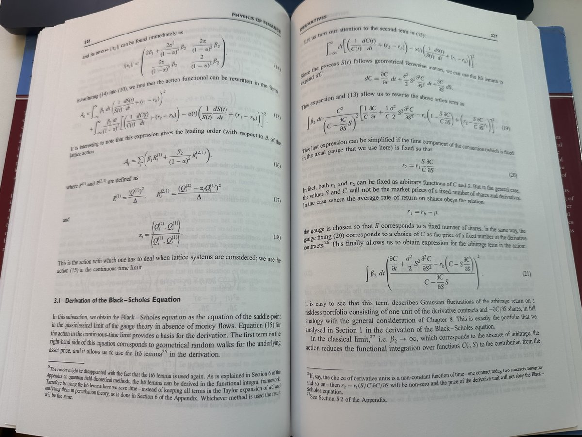 GrantStenger's tweet image. In PoF, Ilinski models arbitrage as the lattice-curvature in a gauge field, where "no arbitrage" conditions literally mean zero curvature.
Starting from a linear plaquette action and taking the continuum limit, the gauge-invariant action collapses to Geometric Brownian Motion…