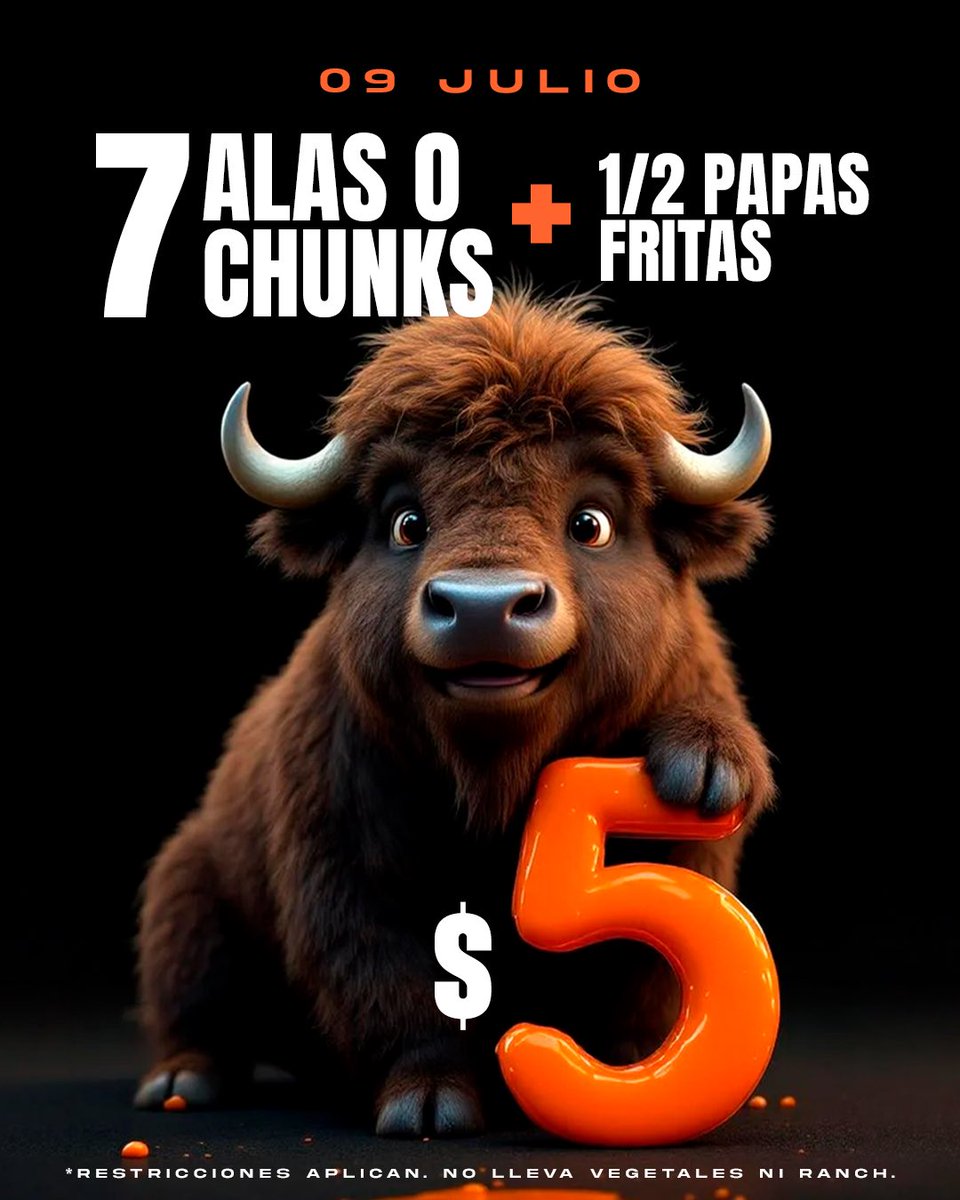 Mañana, Miércoles 9 de julio, bowl de 7 alas ó chunks + 1/2 papas fritas $5 desde las 11:30am.

No aplica para llevar ni delivery. No es válido en BW Tuscania.