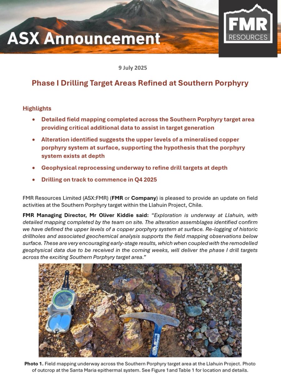FMR confirms strong evidence of a large copper porphyry system at its Southern Porphyry target in Chile.

Surface alteration matches the upper levels of a mineralised system, supported by re-logged drill data.

Drill targets are being finalised, with drilling to start in Q4 2025.