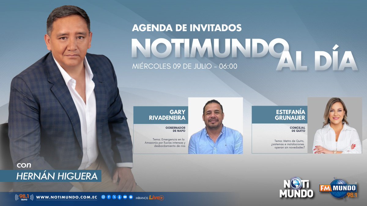 NotiMundo (@notimundoec) on Twitter photo 🌎 #NotiMundoAlDía | Este miércoles, <a href="/higuerahernan/">Hernán Higuera</a> te espera desde las 06:00, junto a:
🎙️ Gary Rivadeneira
🎙️ <a href="/estefania_gru/">Estefy Grunauer R.</a>
📻 98.1 FM #Quito
🌐 fmmundo.com/notimundo/ 🌎 #NotiMundoAlDía | Este miércoles, <a href="/higuerahernan/">Hernán Higuera</a> te espera desde las 06:00, junto a:
🎙️ Gary Rivadeneira
🎙️ <a href="/estefania_gru/">Estefy Grunauer R.</a>
📻 98.1 FM #Quito
🌐 fmmundo.com/notimundo/