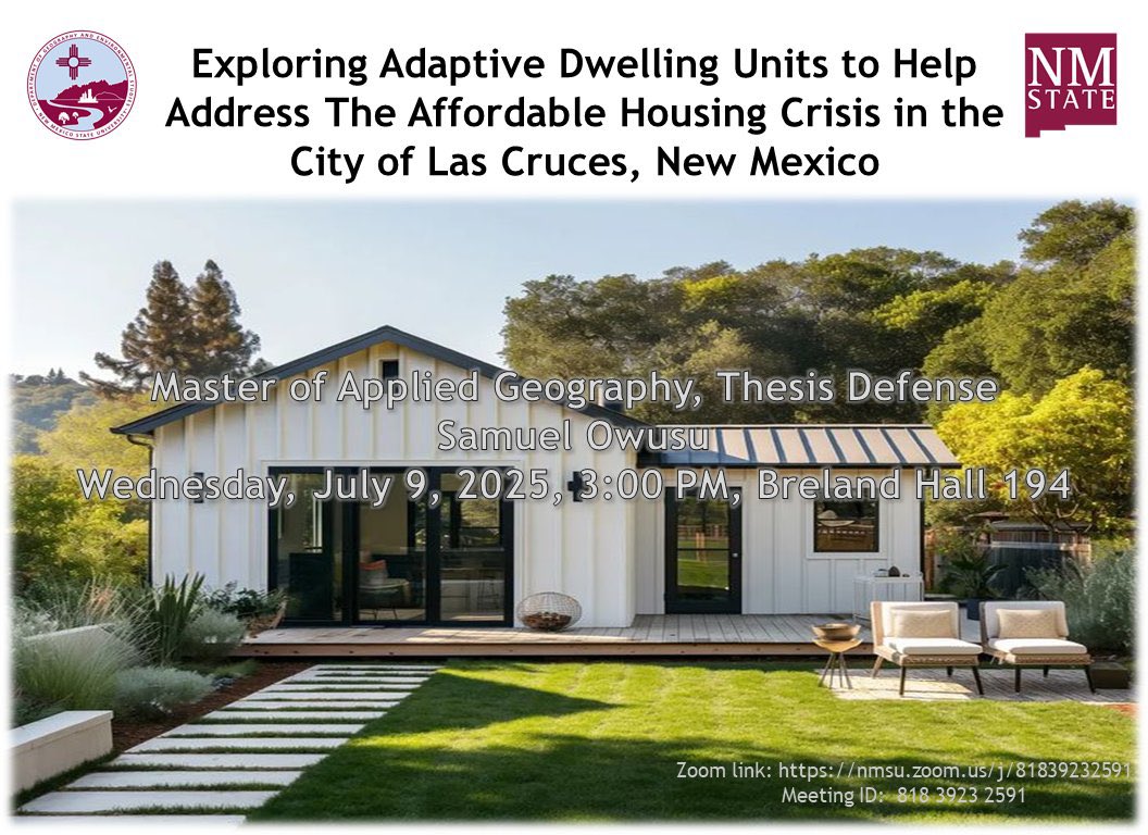 Join us in celebrating Samuel Owusu as he defends his thesis, “Exploring Adaptive Dwelling Units to Help Address The Affordable Housing Crisis in the City of Las Cruces, New Mexico.” We <a href="/BlackNmsu/">NMSU Black Programs</a>  highlight impactful scholarship. 
#NMSUGSA #SupportingImpactfulScholarship