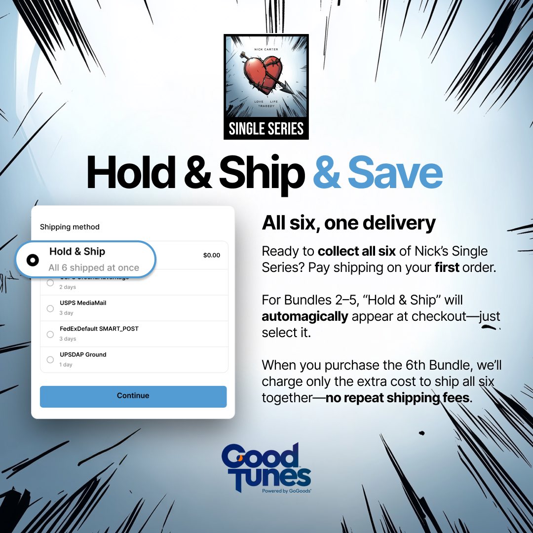 You asked, <a href="/goodtunes4real/">GoodTunes™</a> answered! The #LoveLifeTragedy Single Series is available now with combined shipping options for anywhere in the world! Just a few days left to get your collection started with Episode 1, so don’t miss it. 💔🏹

GET YOURS NOW:
goodtunes.music/nickcarter