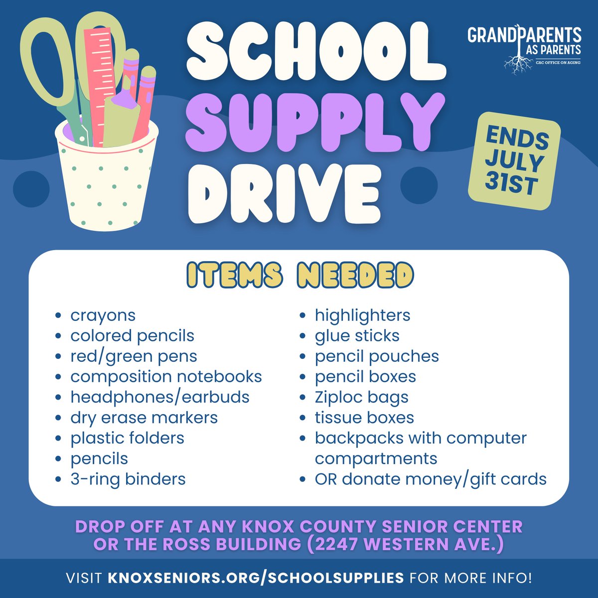 Our school supply drive is going through the end of the month! Drop off the needed items at any Knox County Senior Center or the Ross Building. Visit knoxseniors.org/schoolsupplies for more information. #GAPTipTuesday #Knoxville #Donate #SchoolSupplies