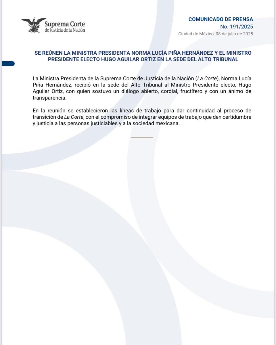 SPR Informa (@sprinforma) on Twitter photo #Nacional
La ministra presidenta de la <a href="/SCJN/">Suprema Corte</a>, Norma Lucía Piña, se reunió con el ministro presidente electo Hugo Aguilar Ortiz (<a href="/HugoAguilarOrti/">Hugo Aguilar Ortiz</a>), este 7 de julio con el objetivo de establecer líneas de trabajo para dar continuidad al proceso de transición del máximo tribunal. #Nacional
La ministra presidenta de la <a href="/SCJN/">Suprema Corte</a>, Norma Lucía Piña, se reunió con el ministro presidente electo Hugo Aguilar Ortiz (<a href="/HugoAguilarOrti/">Hugo Aguilar Ortiz</a>), este 7 de julio con el objetivo de establecer líneas de trabajo para dar continuidad al proceso de transición del máximo tribunal.