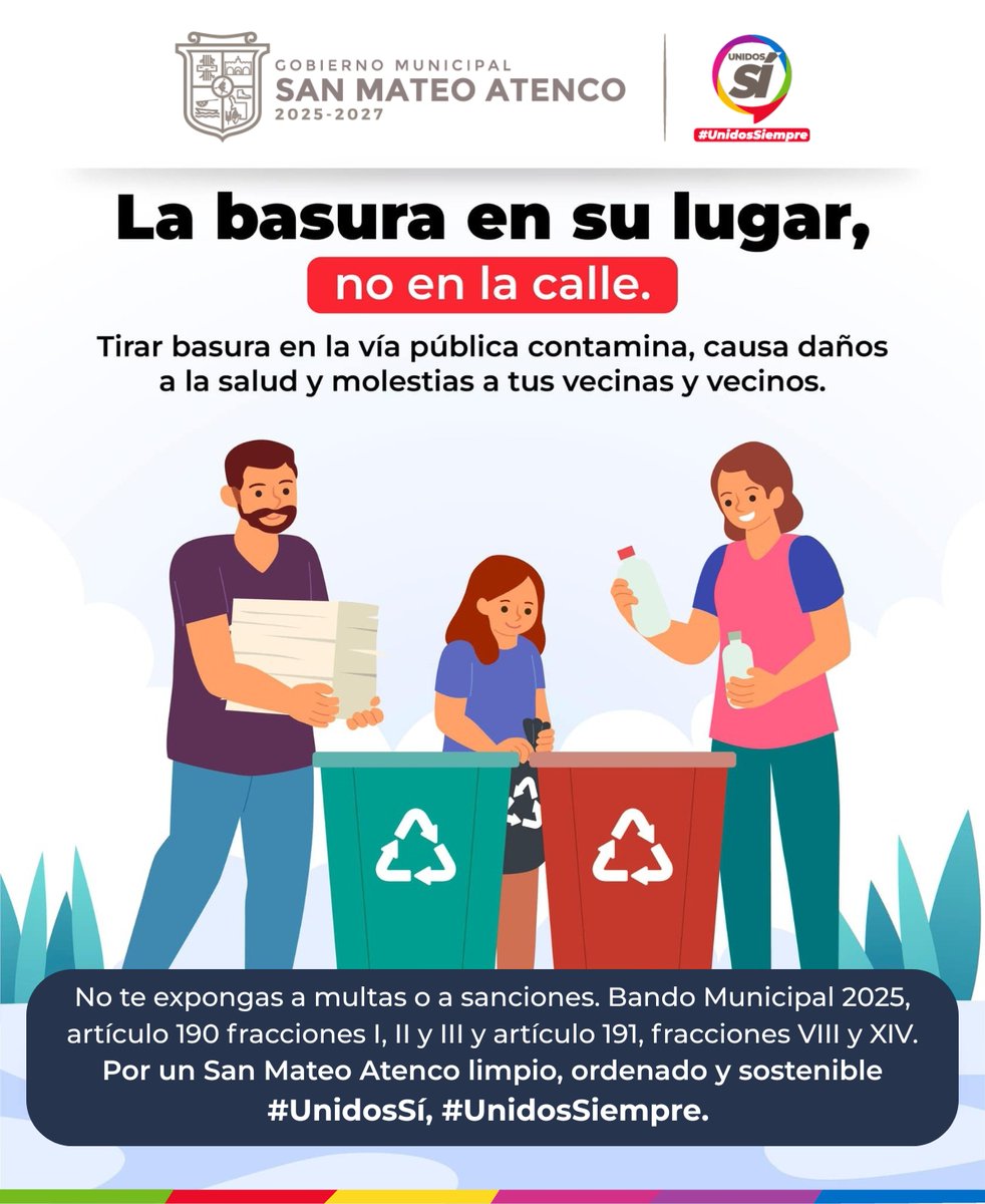 SanMateoAGob's tweet photo. #LaBasuraEnSuLugar 🗑️🧹 | Enseña a tus hijas e hijos a NO 🚯 tirar basura en la vía pública, crea en ellos hábitos que ayuden a conservar limpios los espacios comunes.
Por un #SanMateoAtenco limpio, ordenado y sostenible #UnidosSí, #UnidosSiempre. 🍃
@Anaamunizneyra https://t.co/rLvrCxOsLz