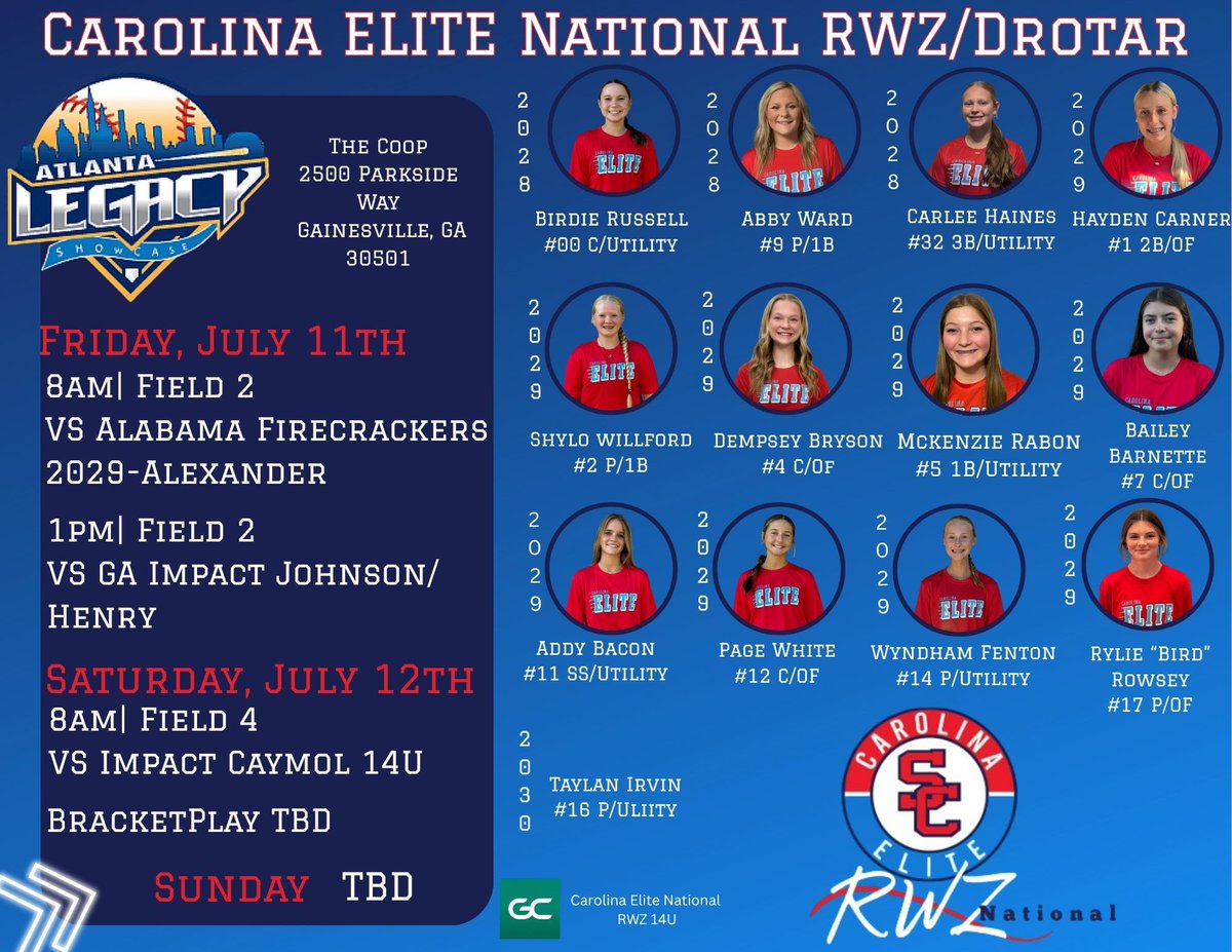 Page White 2029 (@pagewhite_12) on Twitter photo So excited to be back on the field this weekend!! 🥎💙
Atlanta Legacy bound 🔥<a href="/CESCRWZ/">Carolina Elite National RWZ/Drotar</a> <a href="/taylor_watford_/">Taylor Watford</a> <a href="/lexiwinters15/">Lexi Winters</a> So excited to be back on the field this weekend!! 🥎💙
Atlanta Legacy bound 🔥<a href="/CESCRWZ/">Carolina Elite National RWZ/Drotar</a> <a href="/taylor_watford_/">Taylor Watford</a> <a href="/lexiwinters15/">Lexi Winters</a>