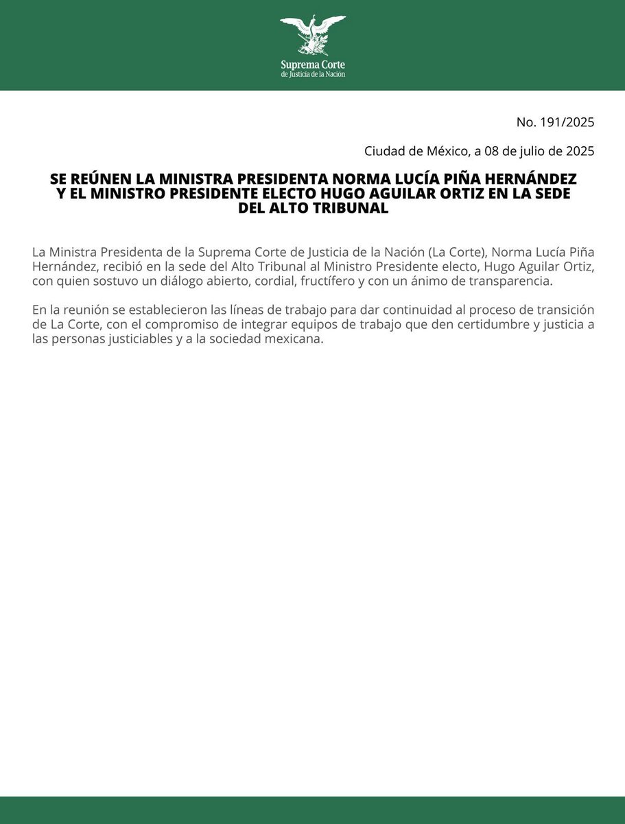 La Ministra Presidenta de #LaCorte, Norma Lucía Piña Hernández, y el Ministro Presidente electo, Hugo Aguilar Ortiz, tuvieron una reunión con diálogo abierto e institucional.
acortar.link/kA3OaF