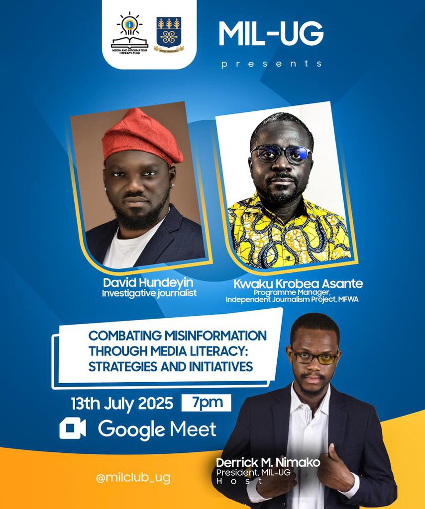 milclub_ug's tweet photo. 🗣️Join the *Media and Information Literacy Club-UG* for an online conference on *Combating Misinformation through Media Literacy: Strategies and Policies*

*Date:* 13th July 2025
*Time:* 7:00 PM 

Meeting link: 
https://t.co/fm1TmoKNRi

🎙️*MIL-UG - Promoting MIL  for all!*❤️ https://t.co/tbGHxkAUtt