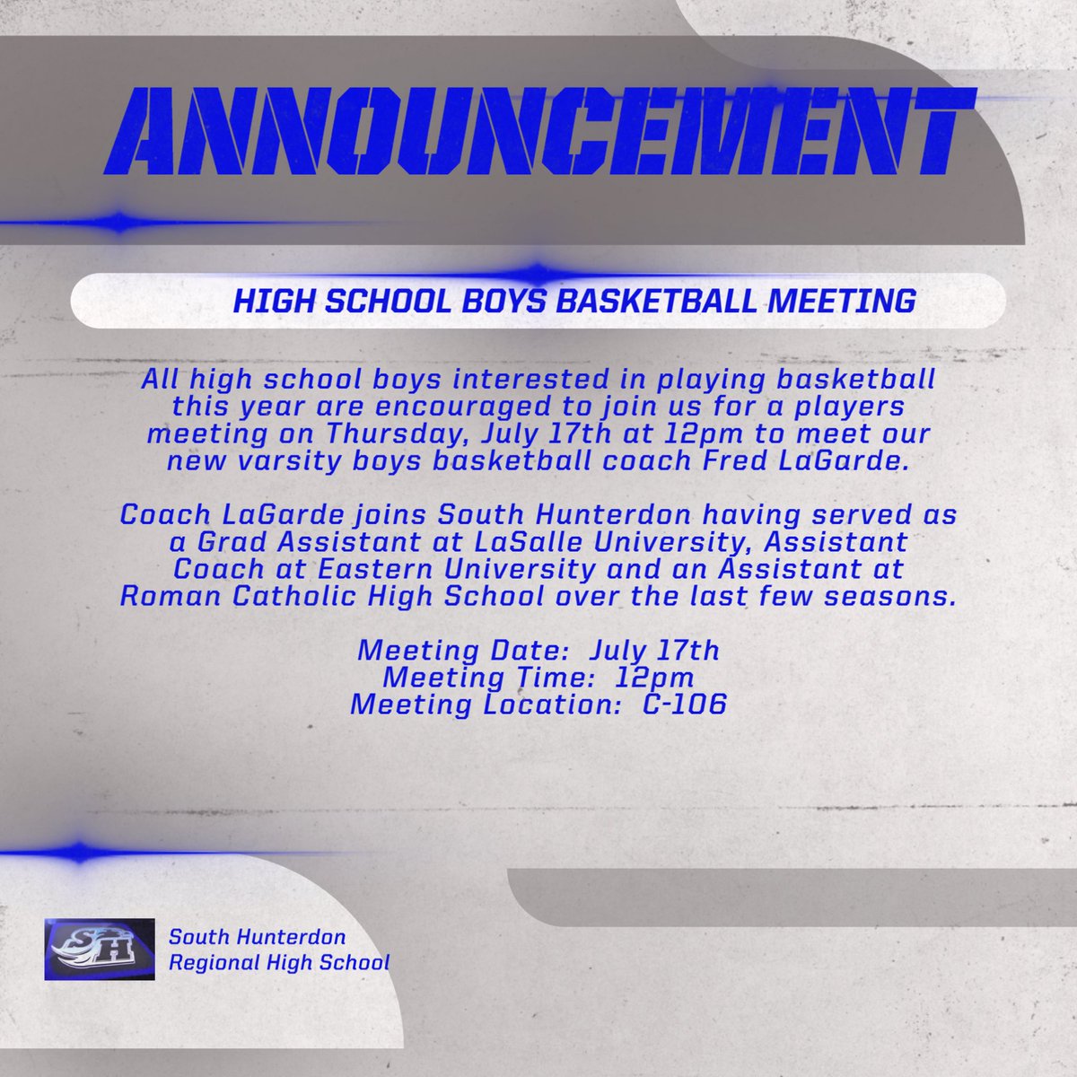 I want to thank Superintendent Anthony Suozzo, and AD Jason Miller for giving me the opportunity to lead South Hunterdon into its next chapter as a 🏀 program. I’m excited to join the South Hunterdon community, and I’m looking forward to meeting everyone next Thursday! 🦅🗣️💪🏽