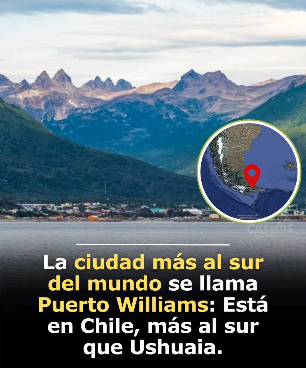 InformaCosmos's tweet photo. Puerto Williams, en la isla Navarino, Chile, es la ciudad más al sur del mundo (54°56′S), más austral que Ushuaia, Argentina (54°48′S), por unos 14,8 km. 

En 2019, Chile la reclasificó como ciudad por ser capital provincial, con una población de unos 2.500 a 3.000 habitantes, consolidando su título con respaldo bilateral.

El debate persiste, ya que Ushuaia, con 82.615 habitantes y mayor infraestructura turística, es considerada por algunos la más austral. La latitud favorece a Puerto Williams, pero el tamaño y relevancia de Ushuaia alimentan la controversia.