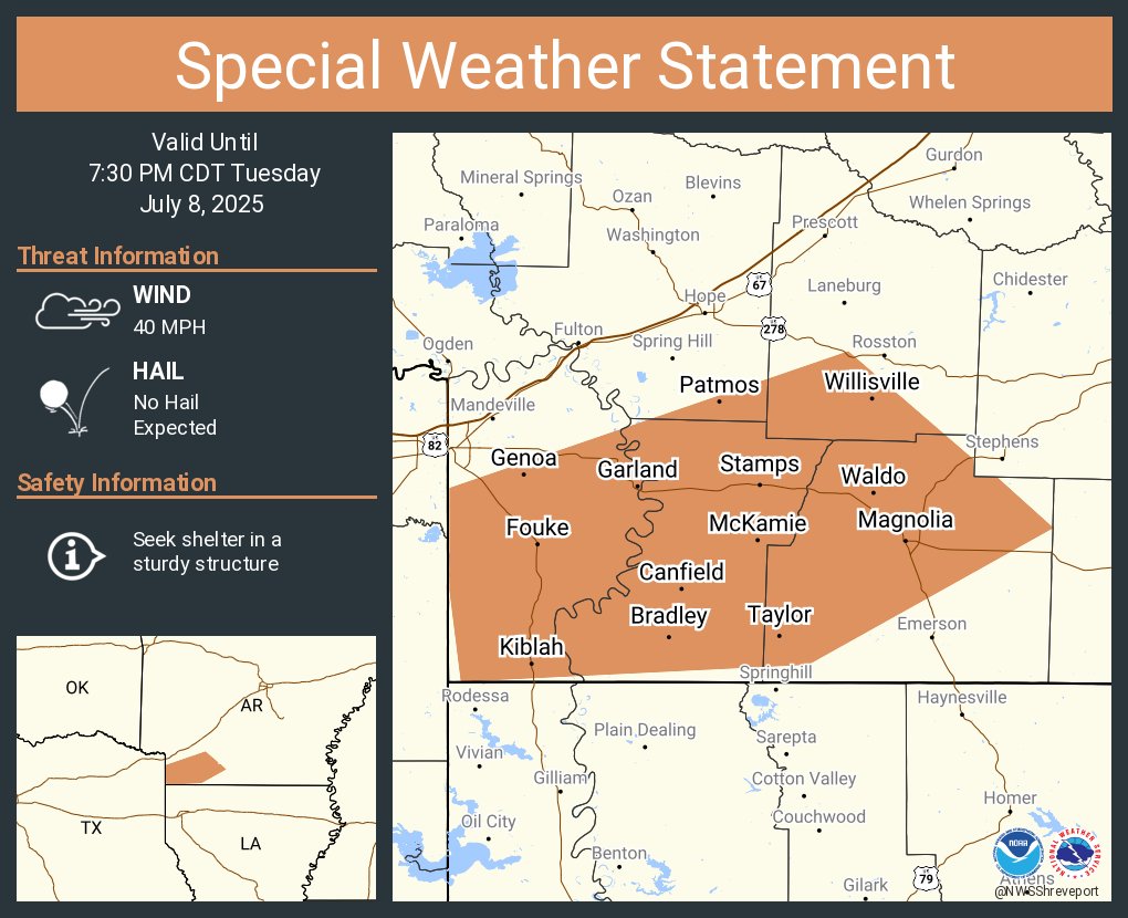 A special weather statement has been issued for Magnolia AR, Stamps AR and  Waldo AR until 7:30 PM CDT