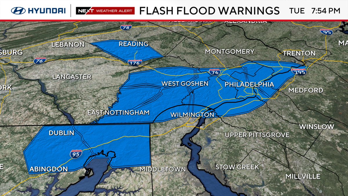 Severe storms continue to move through Delaware and New Jersey with Flash Flood Warnings in effect across the tri-state area. The worst of the weather will continue to push east and weaken, but stay safe as flash flood concerns continue into the overnight.