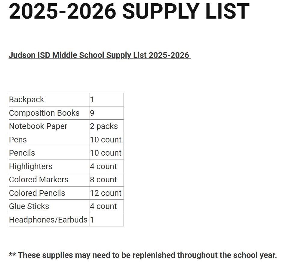 The Judson ISD School supply list has been posted. 

facebook.com/share/p/1HnUyg…