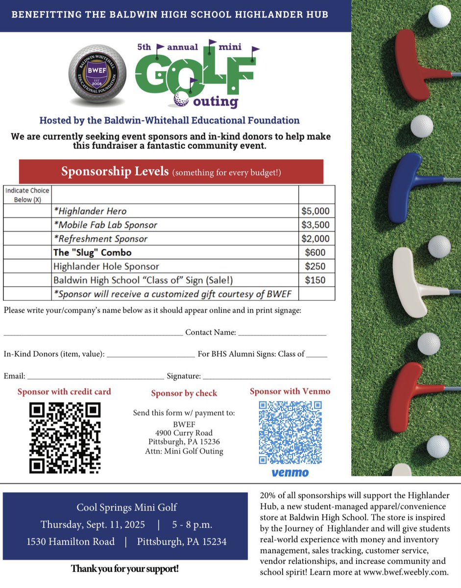 —————SAVE THE DATE—————

🎟️ <a href="/BWEF_Cares/">B-W Educ. Foundation</a> Annual Mini Golf Outing
🗓️ Thursday, September 11th
🕔 5:00 PM - 8:00 PM
📍 Cool Springs Mini Golf

All are welcome for a fun-filled evening of:

⛳️ 18 Holes of Challenging Miniature Golf
📸 Photos With Surprise Characters
🎒 Back-to-School
