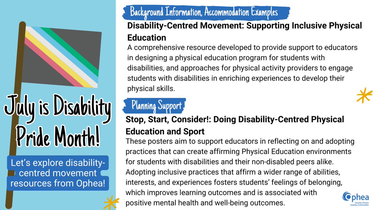 DYK that July is #DisabilityPrideMonth? Quality #HPE environments are accessible for #EveryStudent! Explore resources to support inclusive, affirming H&amp;PE environments:  

📍 bit.ly/OpheaDisabilit… 
📍 bit.ly/StopStartConsi…
