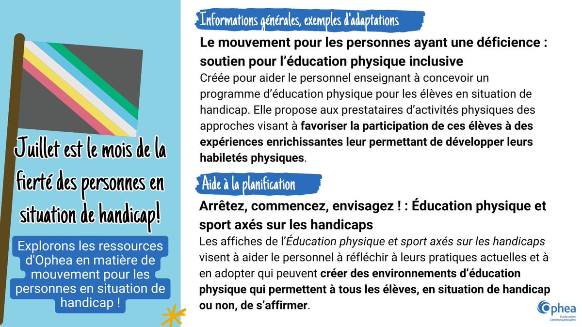 SVQ juillet est le Mois de la fierté des personnes en situation de handicap? L'EPS peut être accessible à chaque élève ! Explorez les ressources pour soutenir des environnements d'EPS inclusifs : 

📍 bit.ly/OpheaÉducation… 
📍 bit.ly/ArrêtezCommenc…