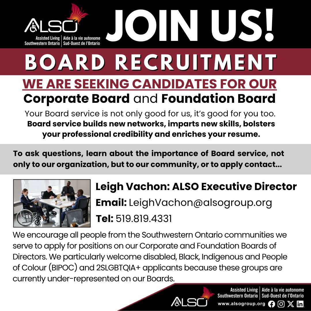 Board Recruitment
To ask questions, learn about the importance of Board service, not only to our organization, but to our community, or to apply contact...

Leigh Vachon: ALSO Executive Director
Email: LeighVachon@alsogroup.org
Tel: 519.819.4331
#yqg #windsorontario #windsoressex