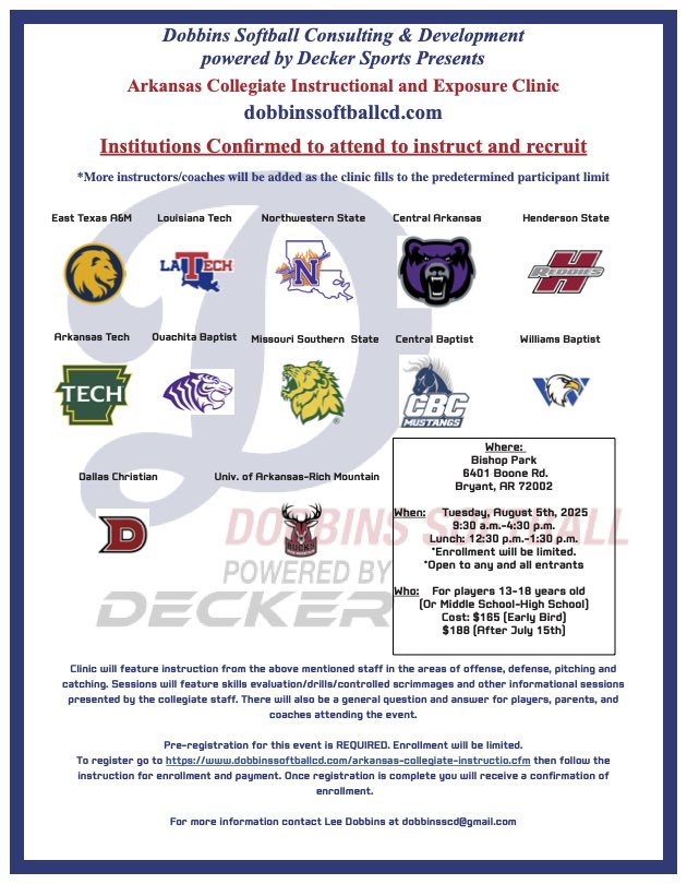 Coach Monti Van Brunt⢠(@montivb) on Twitter photo Less than a month away!
Be sure to register before July 15th to receive the early bird discount.
12 colleges representing all levels - you will not want to miss this exposure opportunity!
š Bryant, Ark.
š register.ryzer.com/camp.cfm?id=30⦠Less than a month away!
Be sure to register before July 15th to receive the early bird discount.
12 colleges representing all levels - you will not want to miss this exposure opportunity!
š Bryant, Ark.
š register.ryzer.com/camp.cfm?id=30ā¦