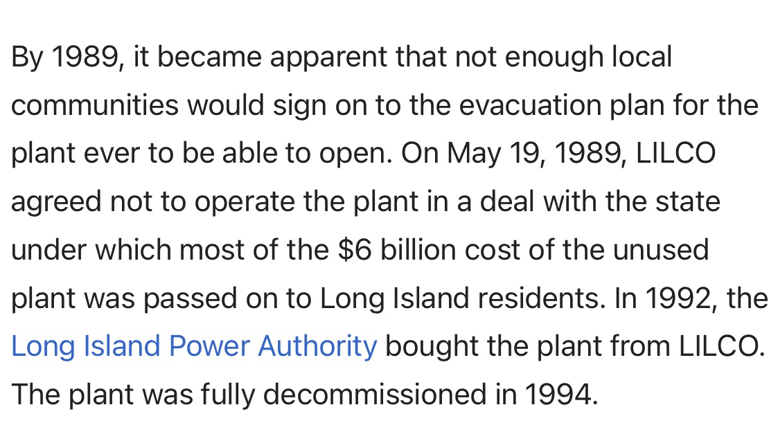 still thinking about how New York spent billions building a nuclear power plant on Long Island but the NIMBYs (led by Mario Cuomo) never even let them turn it on and residents had to pay $6 billion as a result