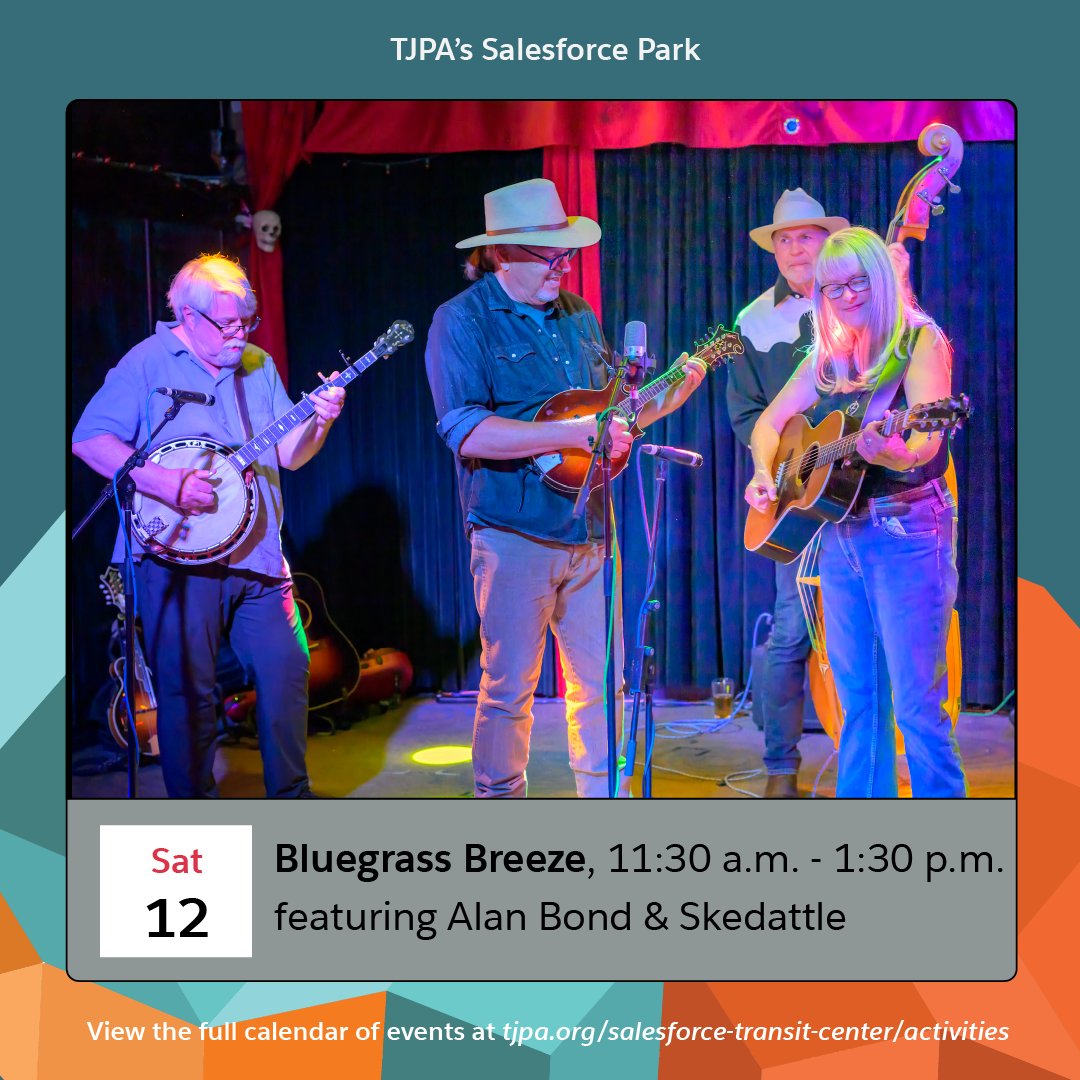 July is getting off to a hot start with free live music at TJPA's Salesforce Park ☀️

Main Plaza
Rooftop Jazz
🎵 Wed, 7/9, 11:30p
🎵 Saul Sierra

Lunchbox Music
🎵 Fri, 7/11, 12:00p
🎵 Kevin Coffey

Central Lawn
Bluegrass Breeze
🎵 Sat, 7/12, 11:30a
🎵 Alan Bond &amp; Skedattle