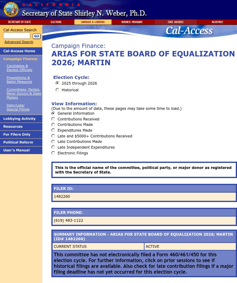 NEW CAL-ACCESS 2026 BOE FILING
ARIAS FOR STATE BOARD OF EQUALIZATION 2026; MARTIN
cal-access.sos.ca.gov/Campaign/Commi…