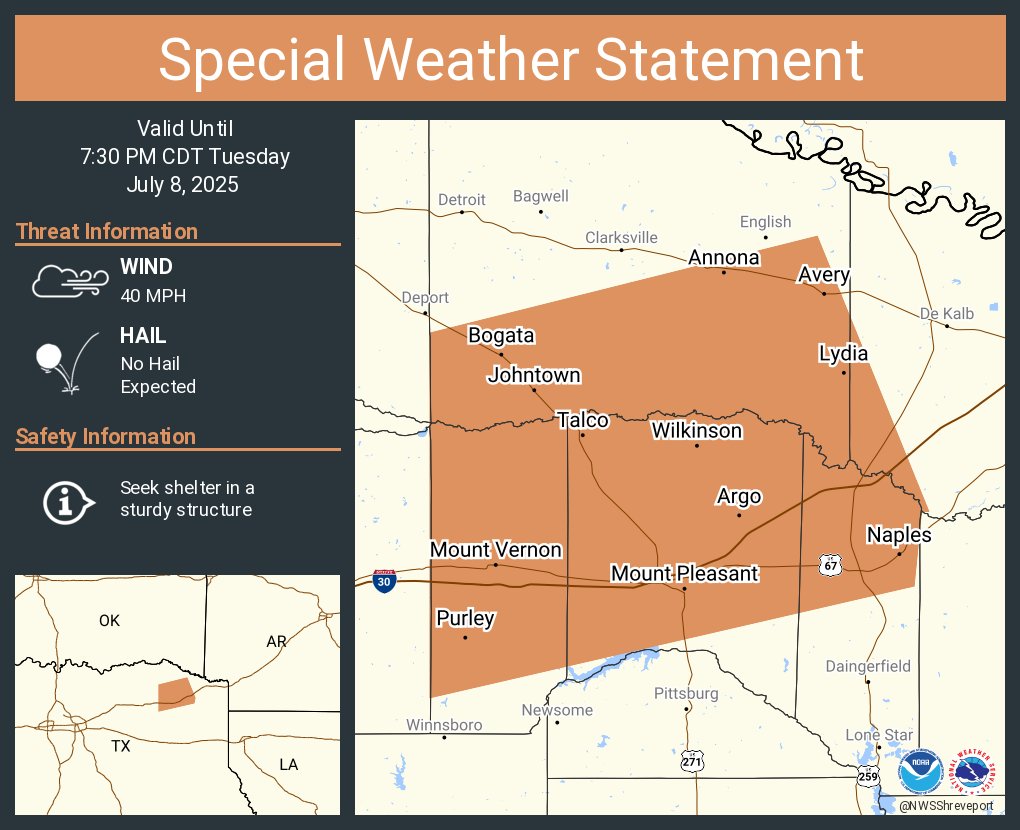 A special weather statement has been issued for Mount Pleasant TX, Mount Vernon TX and  Naples TX until 7:30 PM CDT