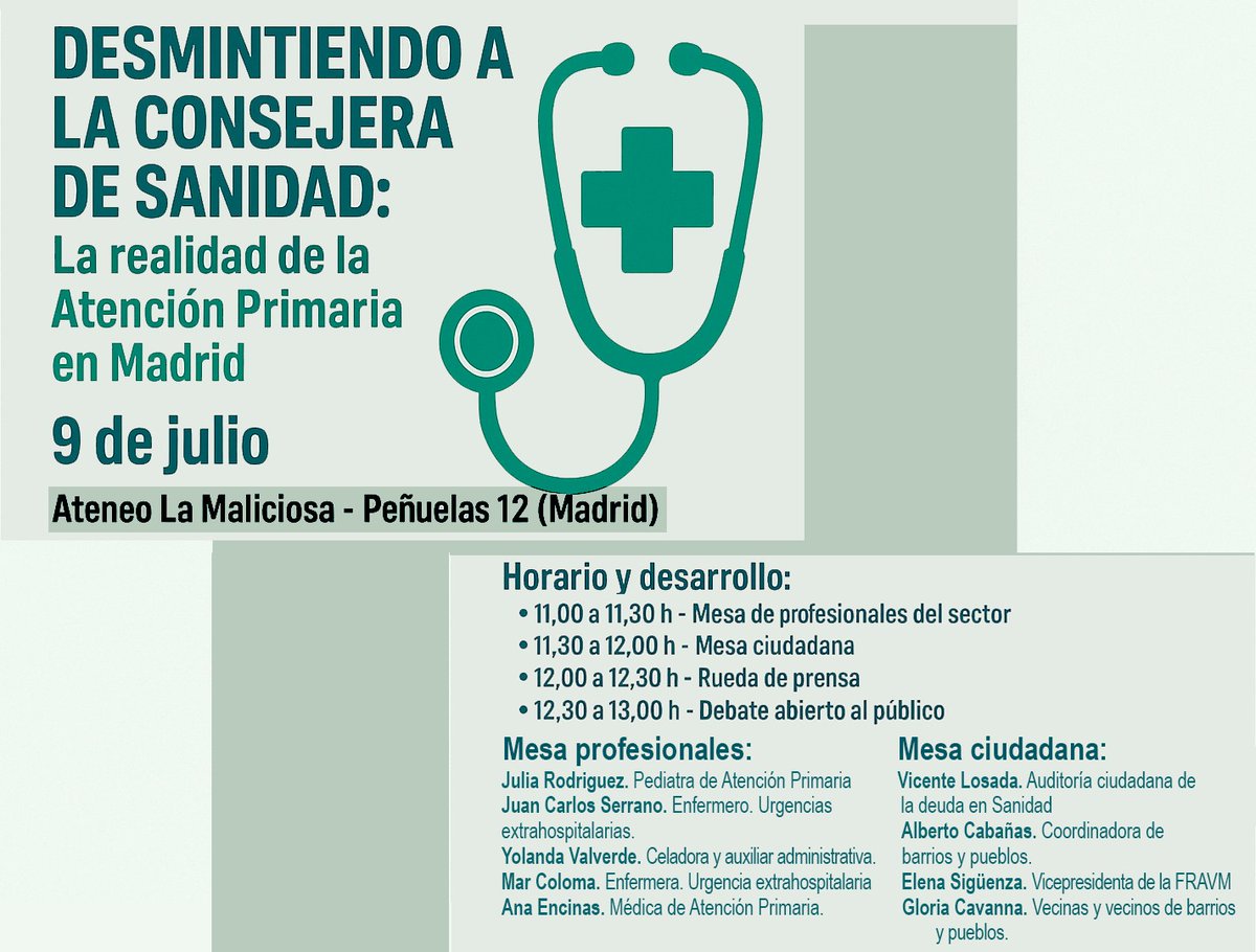 apsemueve's tweet image. Quieres conocer la realidad d #AtenciónPrimaria Madrid?
Profesionales+ciudadanía @AuditaSanidad @CoordiBPSP @VecinasSanidad @FRAVM informan:
📣DESMINTIENDO A CONSEJERA D SANIDAD
🗓HOY 9 Julio 🕚11h
Ateneo La Maliciosa-Peñuelas 12
Adelanto👉🏻 @EMManoteras
youtu.be/h3LUfSNTHQI?fe…