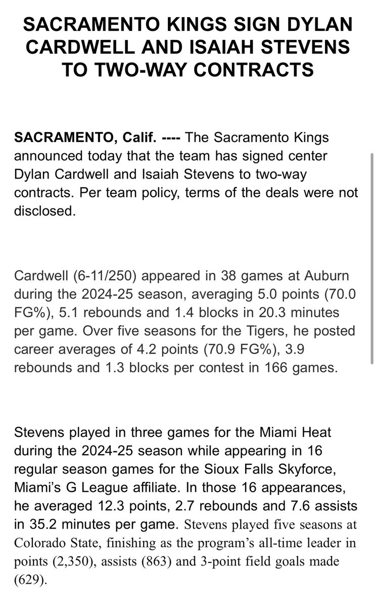 The Sacramento Kings officially add Dylan Cardwell and Isaiah Stevens on two-way contracts.