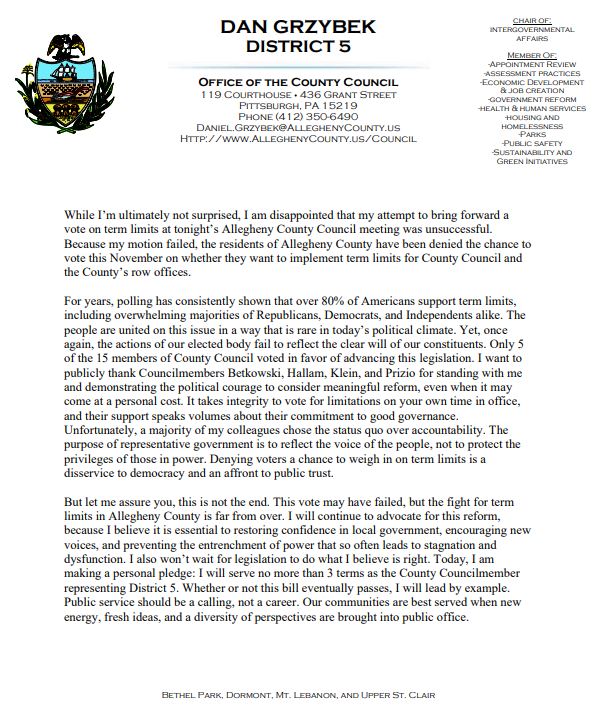 Please see below for my statement on my attempt to bring term limits to a vote at tonight's meeting of Allegheny County Council.