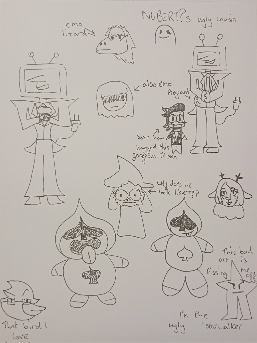 RatskuII's tweet photo. I have nothing to offer except incredibly bad deltarune doodles. Try and guess who my favourites are
#DELTARUNE #spamtenna #tenna #spamton #susiedeltarune #Krisdeltarune #nubert #starwalker #Ralsei #LANCER #Berdly #noelleholiday #pipis https://t.co/3VOWlBKRes