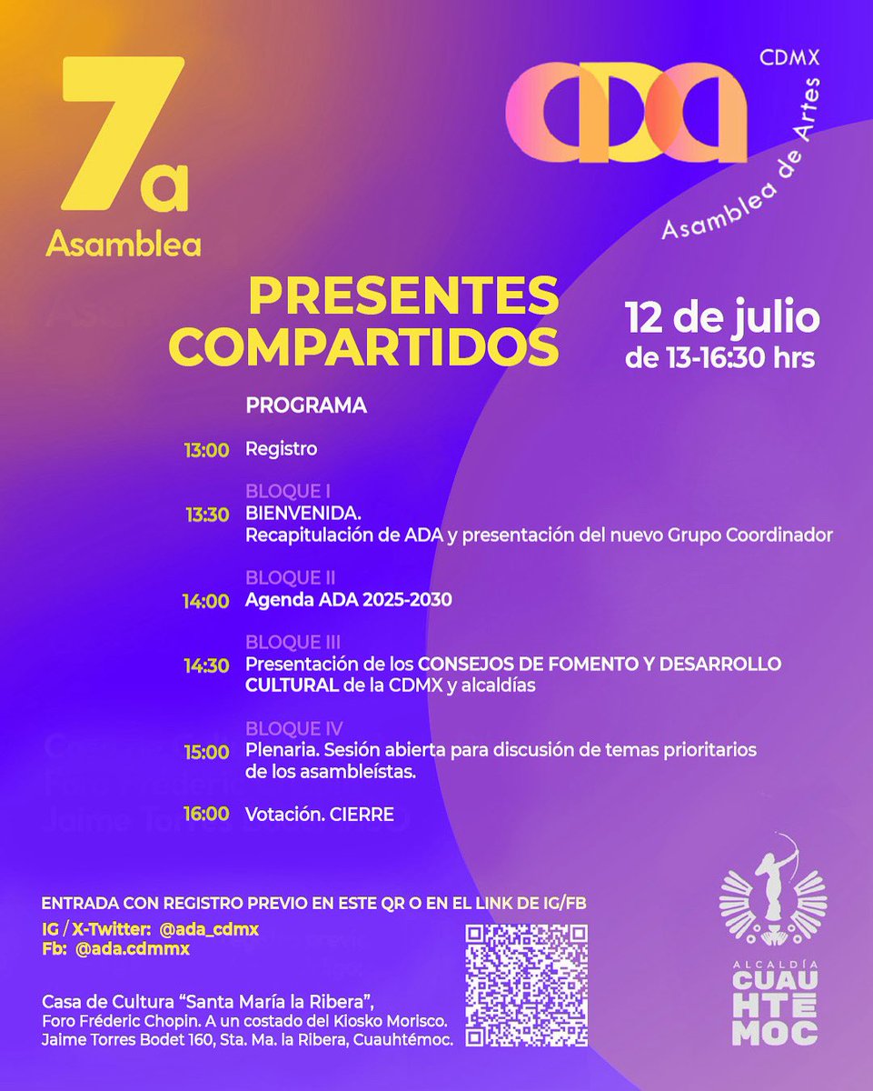 ¿Cual es el PRESENTE COMPARTIDO que construimos? ✨ 7a Asamblea este Sábado en la Casa de Cultura de Sta Ma la Ribera

Entrada con registro previo: tinyurl.com/2v5rssxr

Síguenos en: instagram.com/ada_cdmx/ , facebook.com/ada.cdmxmx 

#Culturacdmx #artecdmx #cultura