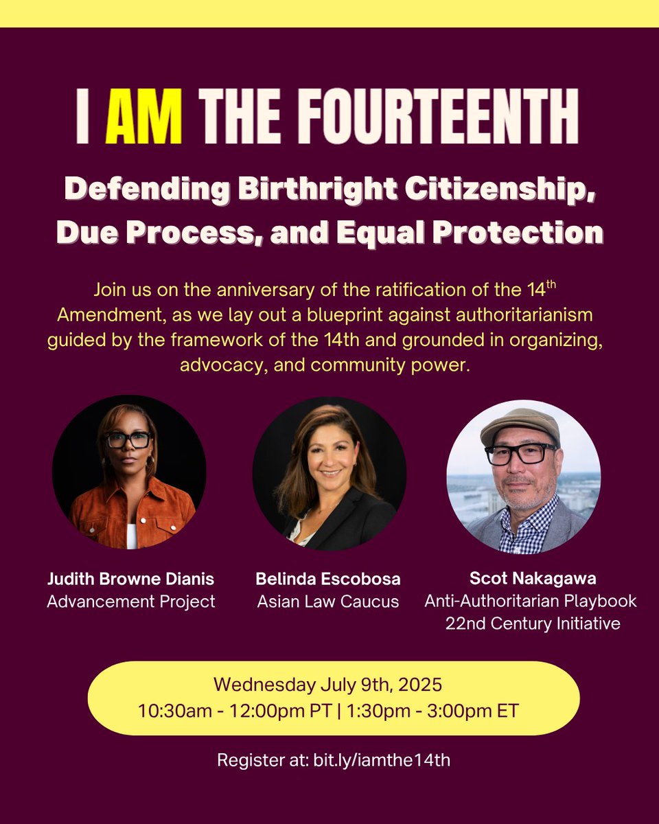TOMORROW: Join us on the anniversary of the ratification of the #14thAmendment, as we lay out a blueprint against authoritarianism guided by the framework of the 14th and grounded in organizing, advocacy, and community power.

🗓️ bit.ly/iamthe14th