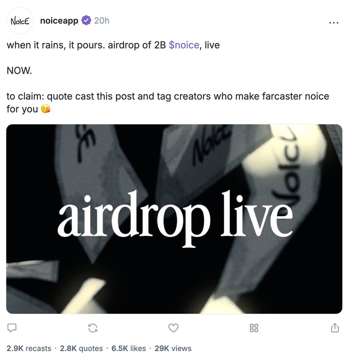 this is what a modern airdrop looks like:

just quote to claim
tokens magically appear in your connected wallet
use them right away in a real app that actually exists
distributed based on usage and social data
drive attention in social feed and with a mini app

few