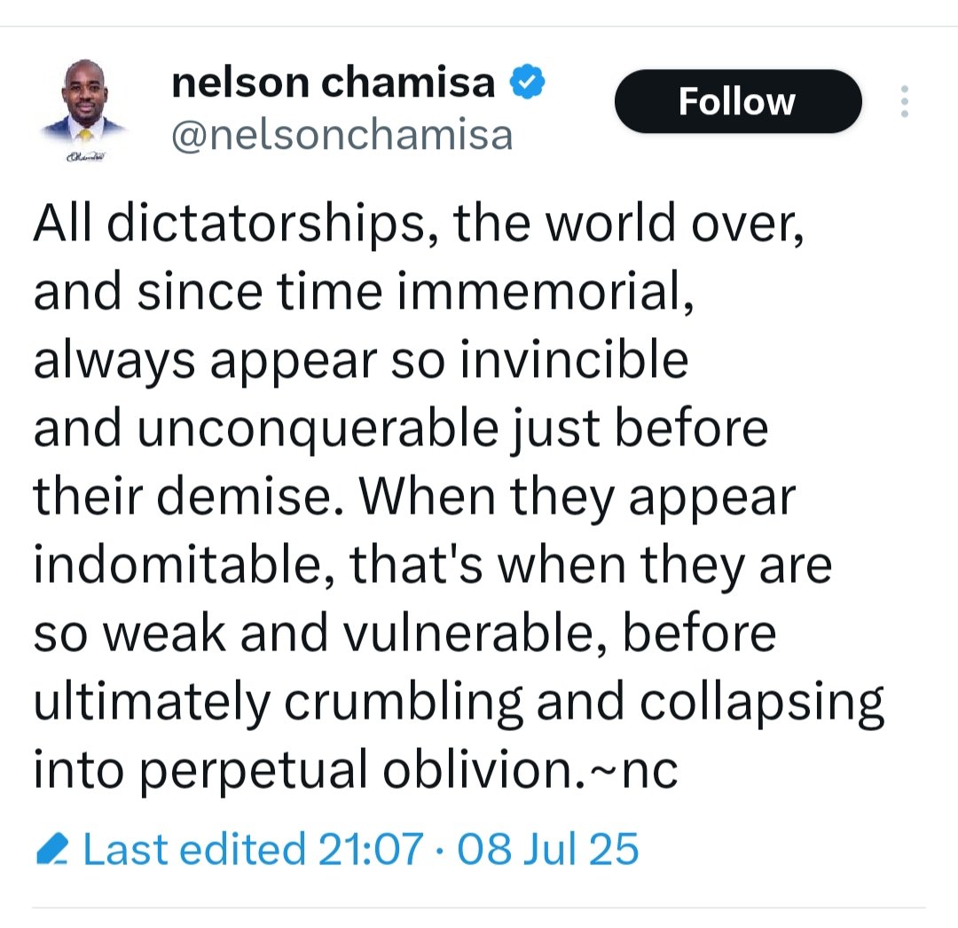 Cde Jecha Guerrilla (@cdeguerrilla) on Twitter photo Even <a href="/Cde_Ostallos/">Gift Ostallos Siziba</a> no longer makes such shallow post.
Its extremely baffling that Chamisa is still stuck in the realm of student politics. Even <a href="/Cde_Ostallos/">Gift Ostallos Siziba</a> no longer makes such shallow post.
Its extremely baffling that Chamisa is still stuck in the realm of student politics.