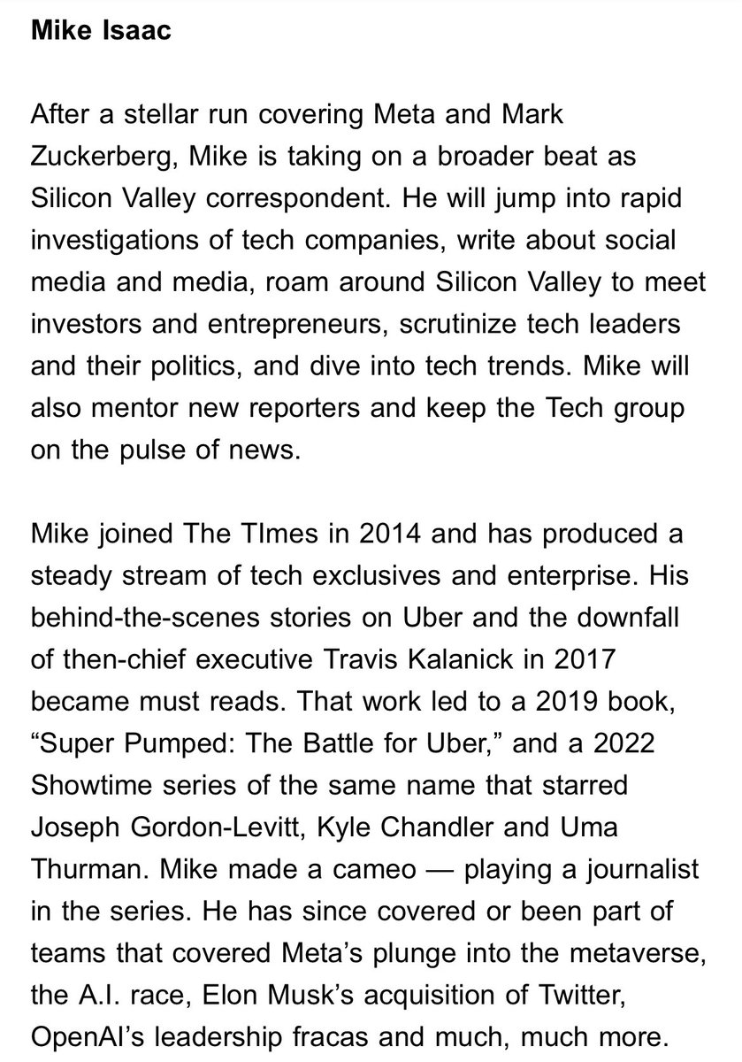 hello 

so i am leaving the Meta daily beat and taking on a new-ish job as “Silicon Valley Correspondent” 

which means i would like to hear from you on ALL the big gnarly stories you feel need to be told about tech! 

Mike dot Isaac at nytimes dot com or MikeIsaac.38 on signal