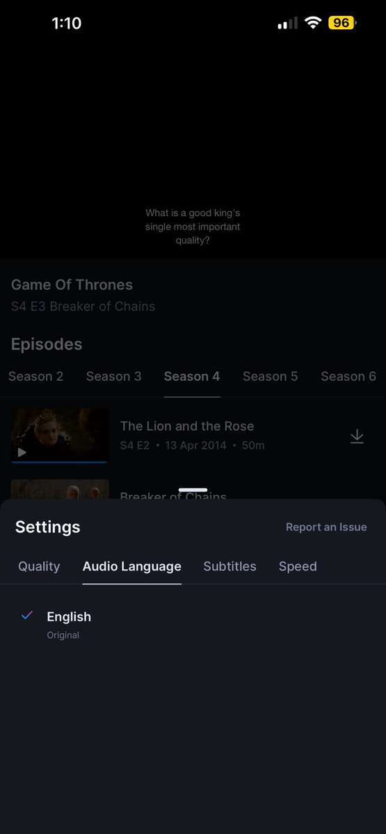 captshubh's tweet photo. @JioHotstar @hotstar_helps I was in middle of Game of thrones S4E3 and suddenly Hindi language disappeared from language selection menu. Now S4  E3 and E4 has no Hindi option. https://t.co/QG8biIHkje