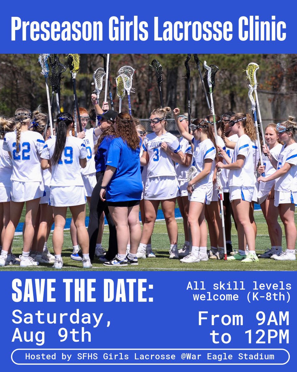 Save the Date! The South Forsyth Girls lacrosse program will be hosting a Preseason Youth Clinic (K-8) on August 9th! All skill levels are welcome to attend. Registration info coming soon!