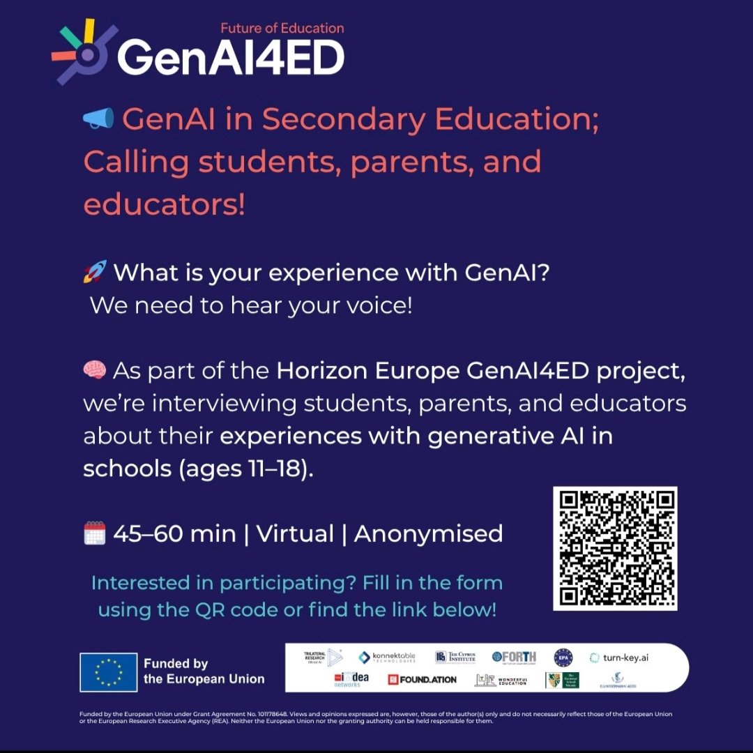 🗣️If you are a parent, secondary school student, or teacher, we need you!! 
📊We are looking for participants to share their experience with Generative AI in education
If you'd like to participate, sign up here: forms.office.com/Pages/Response…
