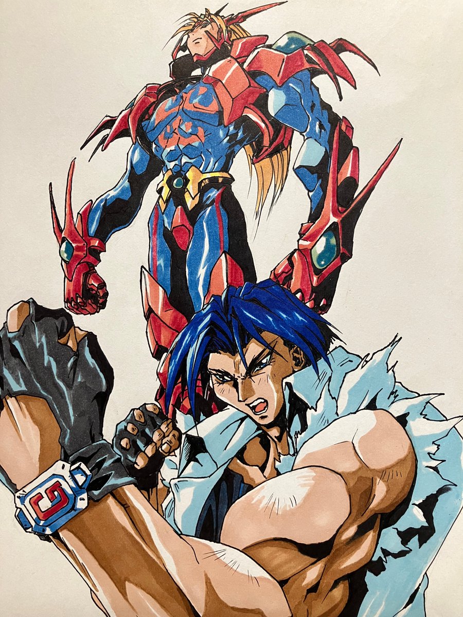 InfinityArk's tweet photo. Isato from #Gowcaizer ink and marker now complete in color.  #fanart https://t.co/3zYEYJHFMX