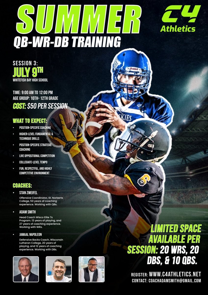CoachAdamSmith's tweet image. Our Milwaukee Camp at Whitefish Bay High School is tomorrow morning from 9 am to 12 pm. Come get some work in with great coaches and athletes! c4athletics.net