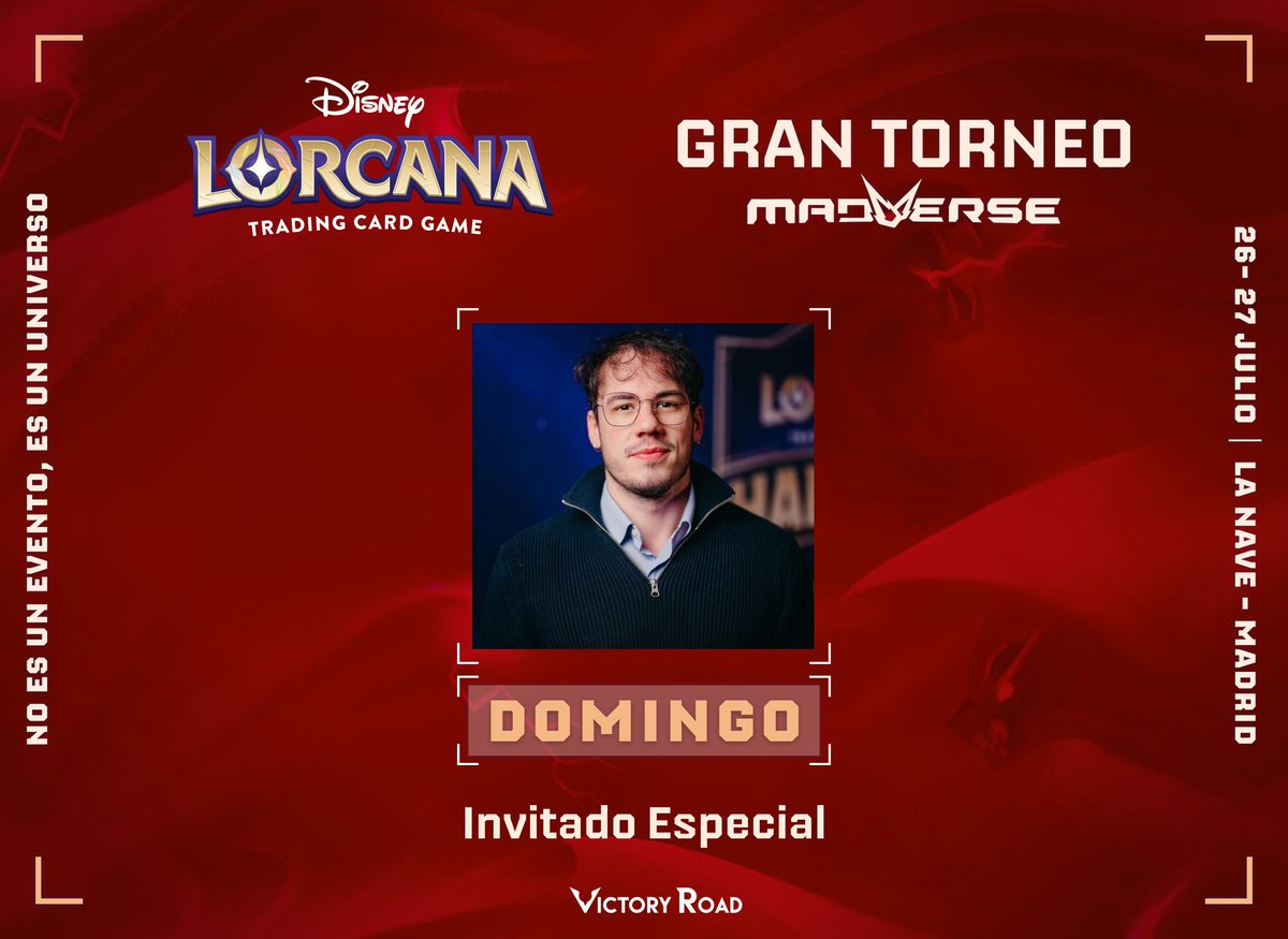 Madverse (@madverse_es) on Twitter photo ¡Nuestro Gran Torneo de Disney Lorcana TCG cada vez se hace más grande! 🏰
El campeón europeo <a href="/domanke_/">Domingo Martinz Rodenas</a> también estará compitiendo 🏆
📝Ya hay más de 2⃣5⃣6⃣ inscritos, ¡pero aún nos faltas tú!
🎫Consigue tu entrada: my.weezevent.com/lorcana-madver… ¡Nuestro Gran Torneo de Disney Lorcana TCG cada vez se hace más grande! 🏰
El campeón europeo <a href="/domanke_/">Domingo Martinz Rodenas</a> también estará compitiendo 🏆
📝Ya hay más de 2⃣5⃣6⃣ inscritos, ¡pero aún nos faltas tú!
🎫Consigue tu entrada: my.weezevent.com/lorcana-madver…