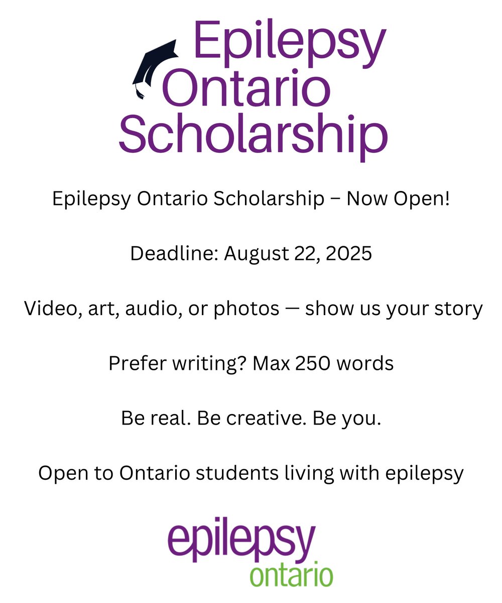 Epilepsy Ontario Scholarship is OPEN!

Tell your story your way — video, art, audio, or writing.

Be real. Be creative. Be you.

Deadline: Aug 22, 2025

Eligibility &amp; apply 👉 epilepsyontario.org/programs/schol…

#EpilepsyAwareness #Scholarship