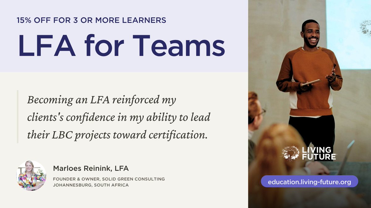 Living Future Accreditation helps your team lead regenerative projects with clarity and shared purpose. Build collective credibility in #RegenerativeDesign, #Equity &amp; #MaterialHealth. Enroll 3+ colleagues &amp; get 15% off: bit.ly/3ZUwFfo