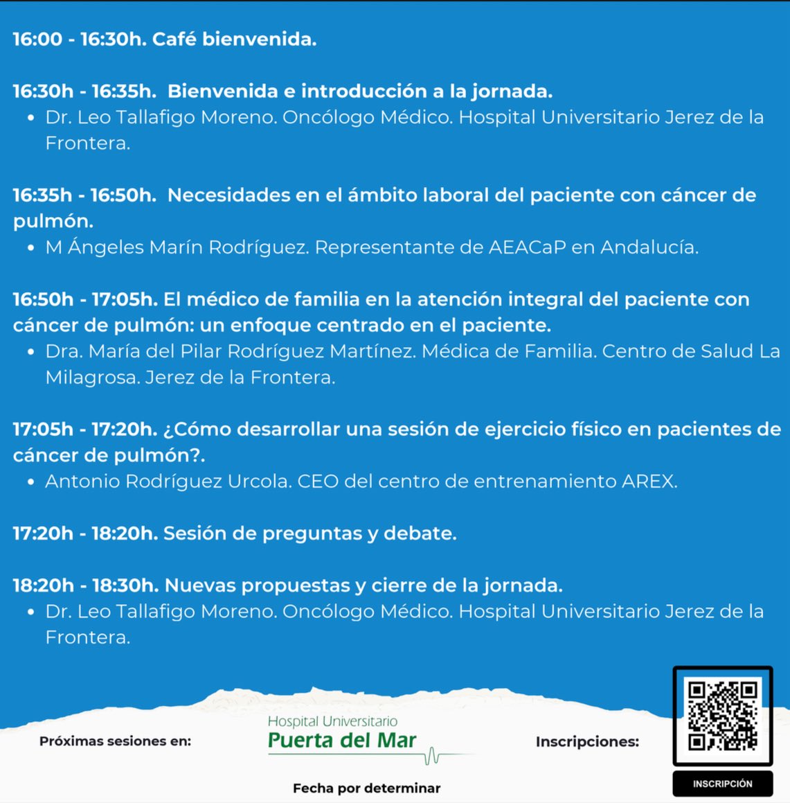 El próximo 30 de Octubre tendremos la IV jornada “Aprendiendo juntos” en la provincia de Cádiz, dirigida a pacientes con cáncer de pulmón. 

El vernos en un ámbito más distendido, con un café de por medio, siempre aporta! 

Muchas gracias  a <a href="/AEACaP/">AEACaP</a> por su colaboración.