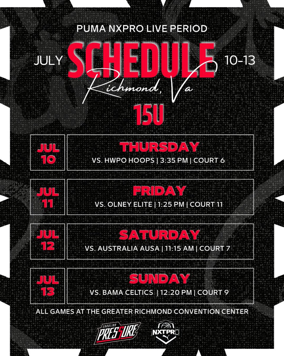 Carolina Pressure Basketball (@cpbfamily) on Twitter photo Coaches, here is our schedule for this week’s Puma live period in Richmond, VA!
<a href="/NxtProHoops/">NXTPRO Hoops</a> | <a href="/PRO16League/">PRO16/NXTPRO League</a>
#PressureIsTheStandard Coaches, here is our schedule for this week’s Puma live period in Richmond, VA!
<a href="/NxtProHoops/">NXTPRO Hoops</a> | <a href="/PRO16League/">PRO16/NXTPRO League</a>
#PressureIsTheStandard
