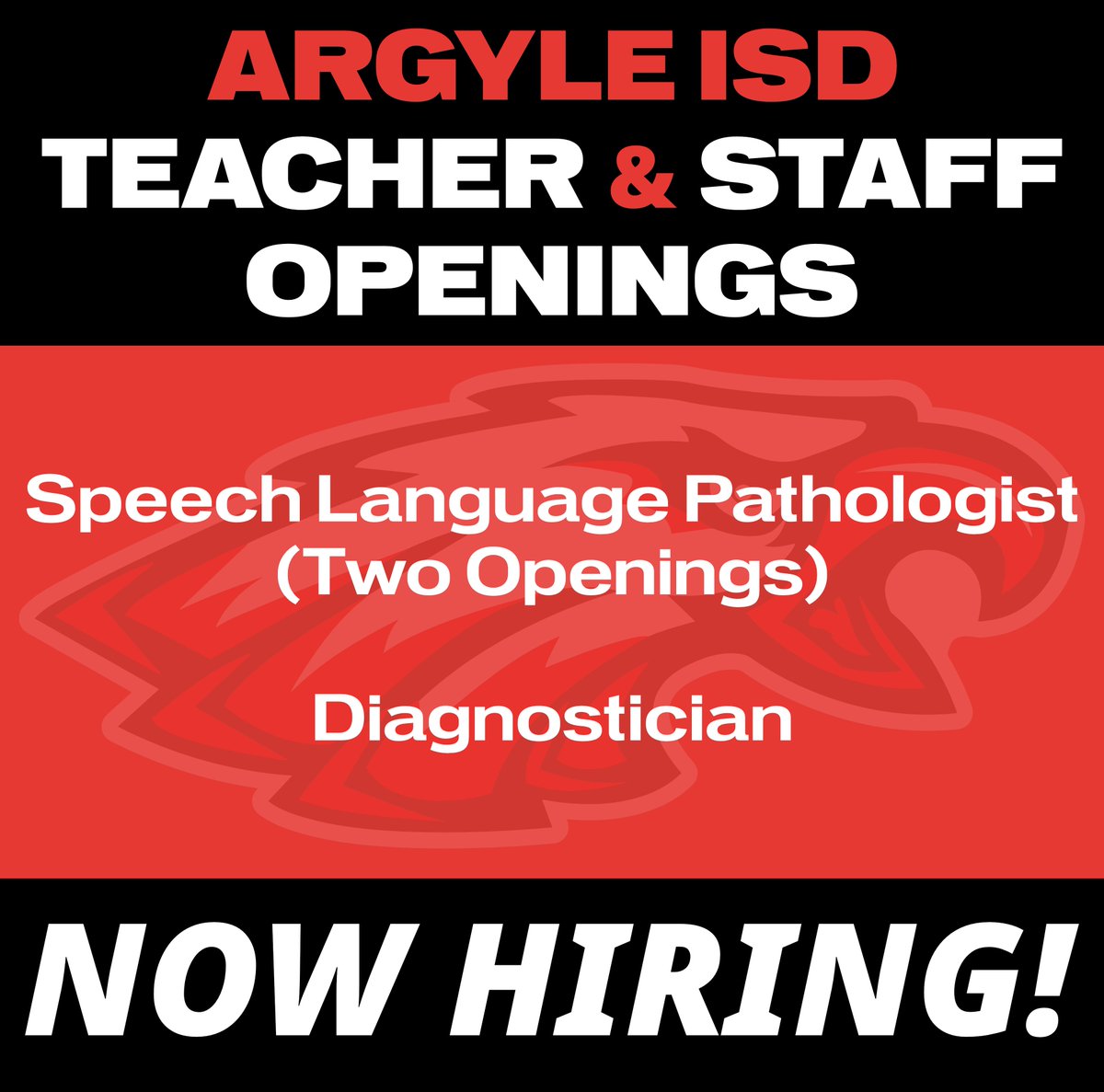 We're hiring! 🦅Come join us in Argyle ISD!  

🟥 Two Speech Language Pathologists 
🟥 Diagnostician

APPLY TODAY or SHARE with someone looking to join the Argyle ISD team!
applitrack.com/argyleisd/onli…

#TogetherWeSoar | #ArgyleISD