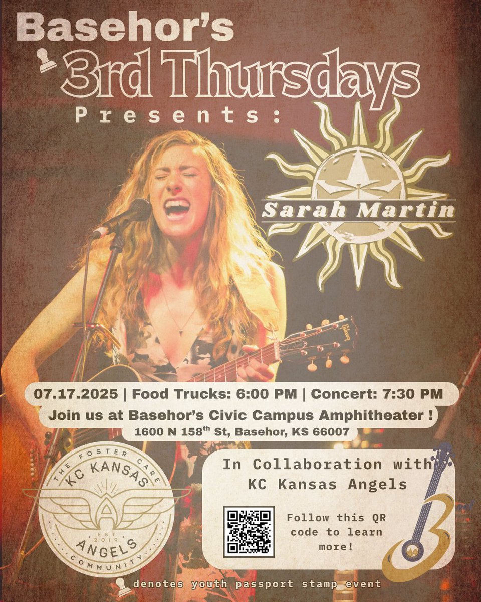 We hope to see you at our next 3rd Thursdays - Sarah Martin Concert - the tiny girl with a big voice and even bigger heart!
That Smoker and Traci's Shaved Ice -Basehor,Ks will both open at 6 p.m. before the concert begins at 7:30 p.m.
Pack up your lawn chairs and join in the fun!